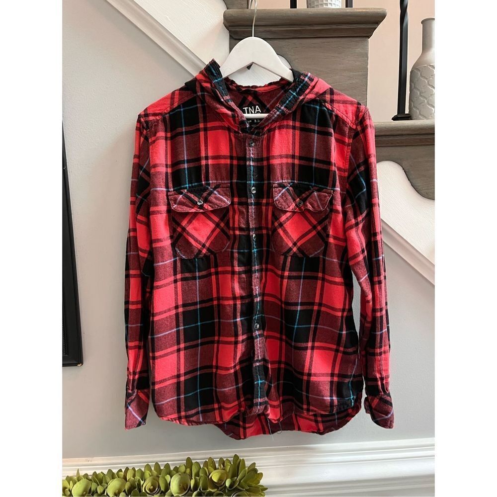 TNA Aritzia Plaid Flannel Hoodie sz M